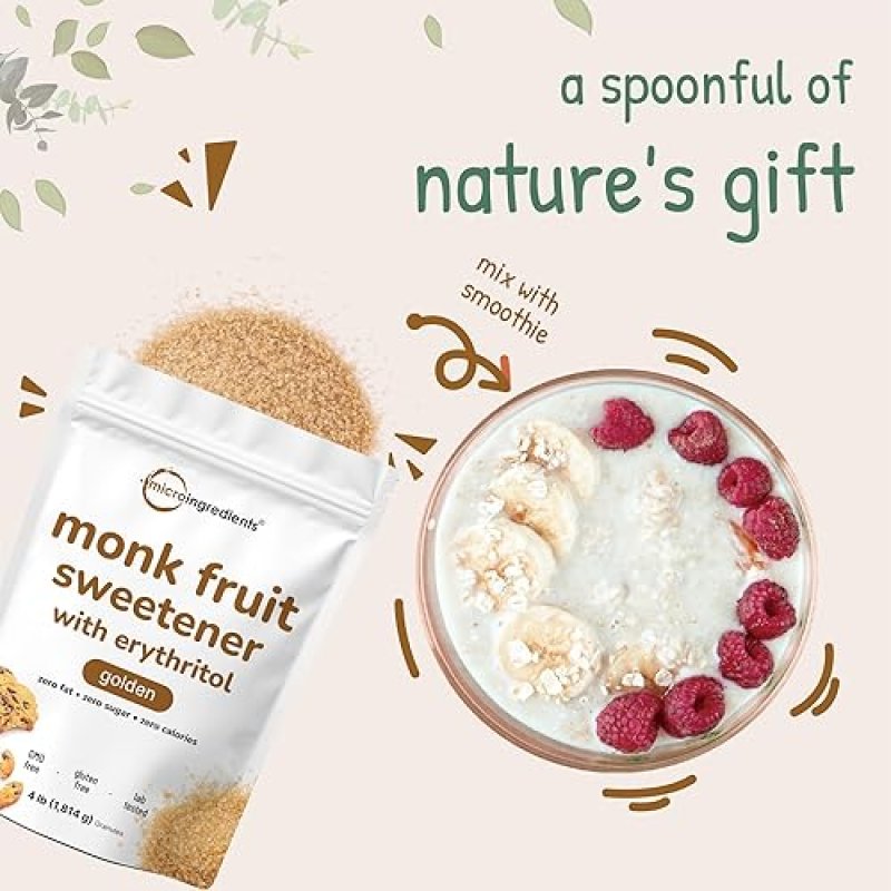 MICRO INGREDIENTS GOLDEN MONK FRUIT SWEETENER WITH ERYTHRITOL 4 LBS - KETO, ZERO CALORIE, VEGAN, NO GMO BROWN SUGAR SU