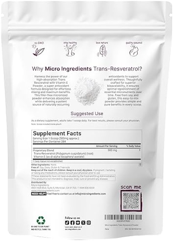 MICRO INGREDIENTS PURE TRANS-RESVERATROL POWDER WITH VITAMIN E - MICRONIZED 5OZ ANTIOXIDANT SUPPLEMENT