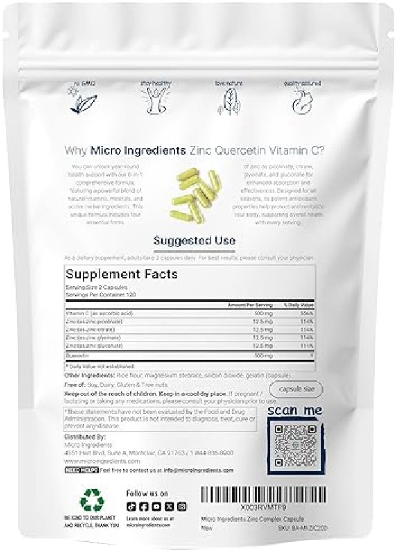 MICRO INGREDIENTS QUERCETIN 500MG WITH VITAMIN C 500MG ZINC 50MG IMMUNE SUPPORT 240 CAPS