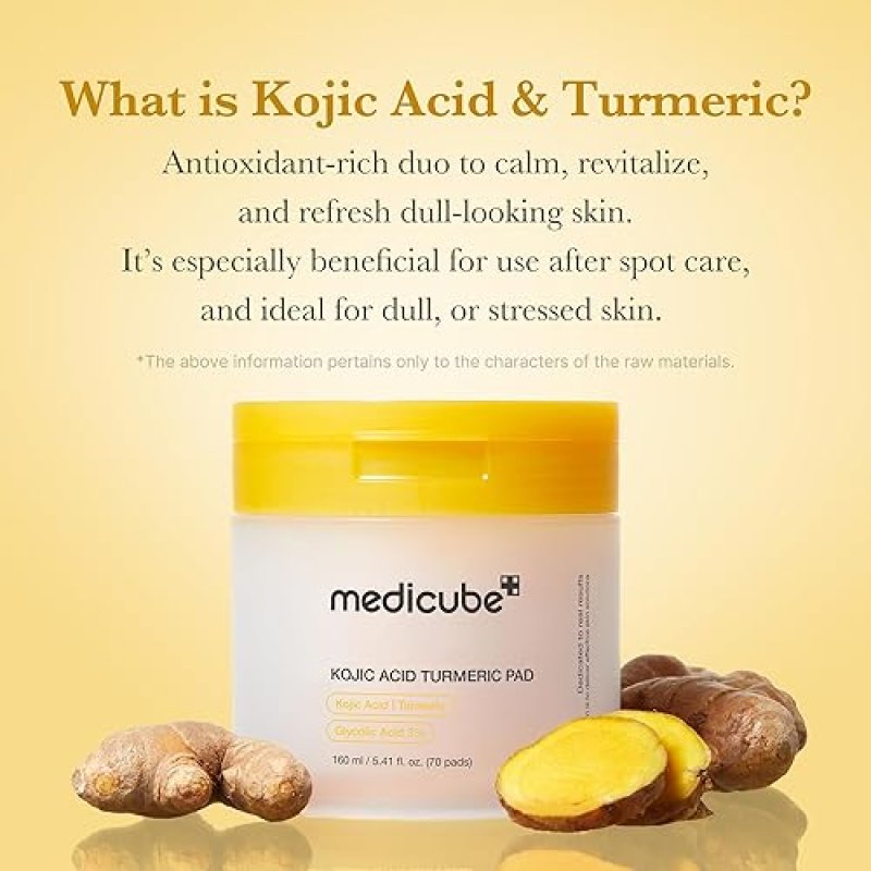 MEDICUBE KOJIC ACID TURMERIC TONER PADS FOR TROUBLED SKIN, SOOTHING CLARIFYING, 70 PADS