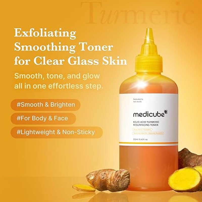 MEDICUBE KOJIC ACID TURMERIC TONER FOR FACE BODY NIACINAMIDE, GLYCOLIC ACID, 8.45 FL OZ