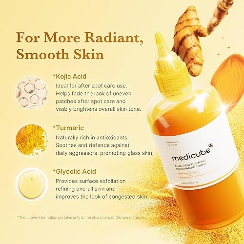 MEDICUBE KOJIC ACID TURMERIC TONER FOR FACE BODY NIACINAMIDE, GLYCOLIC ACID, 8.45 FL OZ