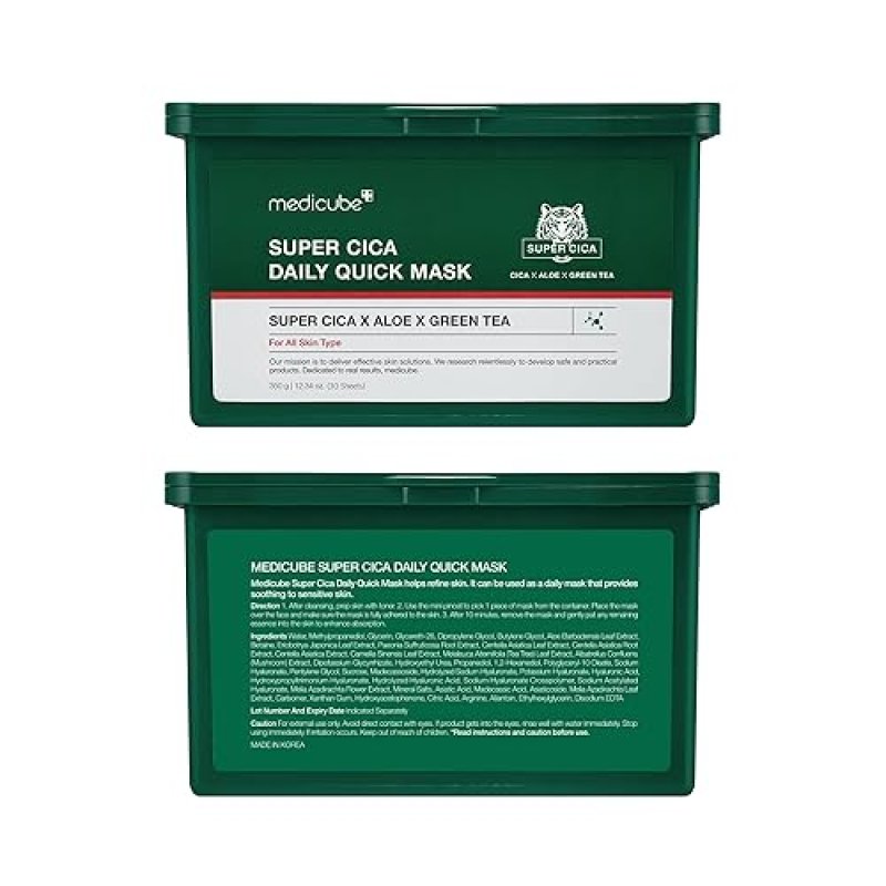 MEDICUBE SUPER CICA DAILY QUICK FACIAL MASKS 30 SHEETS SOOTHING, HYDRATING, VEGAN KOREAN SKINCARE