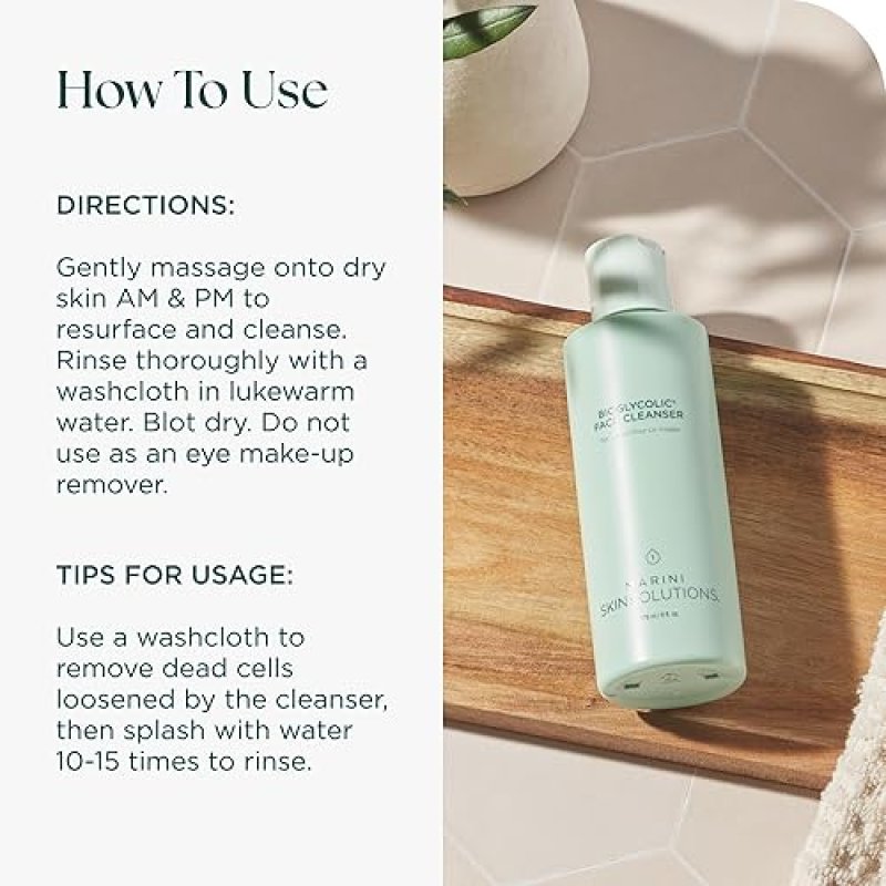 MARINI SKINSOLUTIONS BIOGLYCOLIC FACE CLEANSER GENTLE GLYCOLIC ACID FACIAL WASH, 6 OZ, USA MADE