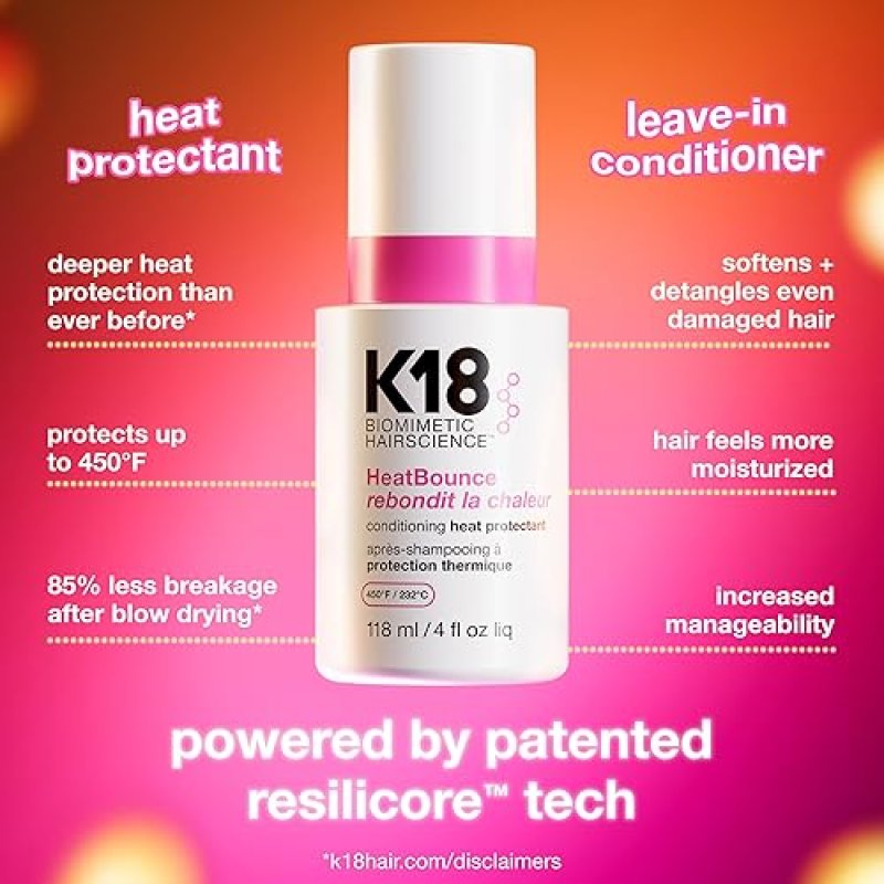 K18 HEATBOUNCE HEAT PROTECTANT SPRAY LIGHTWEIGHT LEAVE-IN CONDITIONER, SOFTENS DETANGLES HAIR