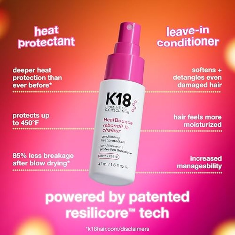 K18 HEATBOUNCE LEAVE-IN HEAT PROTECTANT SPRAY LIGHTWEIGHT CONDITIONER, 450 PROTECTION, SMOOTH DETANG