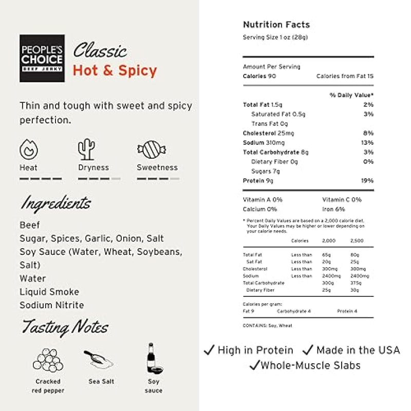 PEOPLE S CHOICE HOT SPICY BEEF JERKY THIN-SLICED WHOLE MUSCLE, 15 COUNT, 19.2 OZ BAG