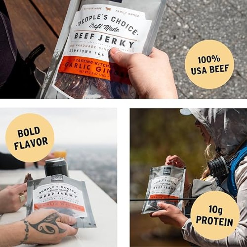 PEOPLE S CHOICE GARLIC GINGER BEEF JERKY SWEET SAVORY FLAVOR, 10G PROTEIN, 1 LB USA MADE