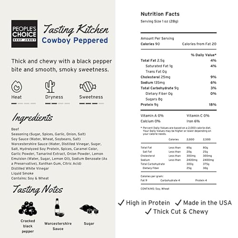 PEOPLE S CHOICE COWBOY PEPPERED BEEF JERKY SWEET SMOKY, 9G PROTEIN, 1 LB BAG, MADE IN USA