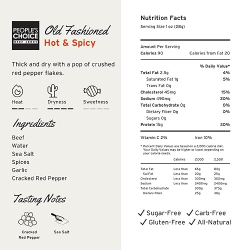 PEOPLE S CHOICE HOT SPICY BEEF JERKY SUGAR FREE, ZERO CARB, KETO FRIENDLY, 1 LB BAG