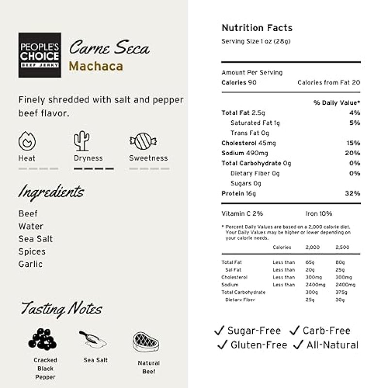 PEOPLE S CHOICE SUGAR-FREE BEEF JERKY CARNE SECA MACHACA HIGH PROTEIN, GLUTEN-FREE 1 LB BAG