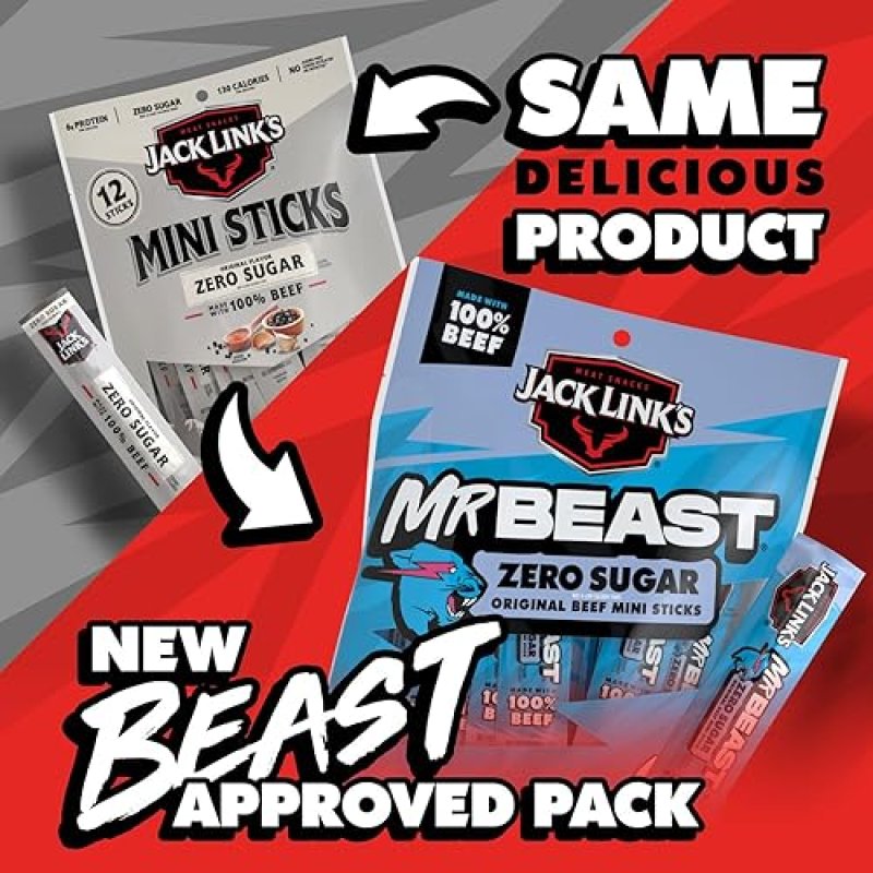 JACK LINK S X MRBEAST ZERO SUGAR MINI BEEF STICKS, 12 COUNT, 6G PROTEIN, 100 REAL BEEF SNACKS