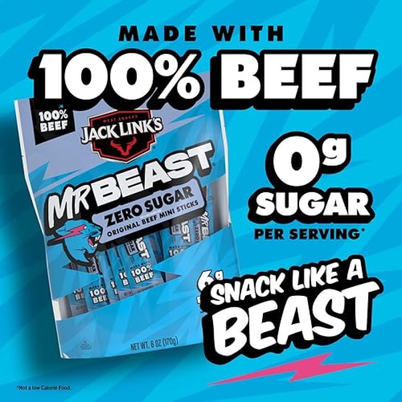 JACK LINK S X MRBEAST ZERO SUGAR MINI BEEF STICKS, 12 COUNT, 6G PROTEIN, 100 REAL BEEF SNACKS