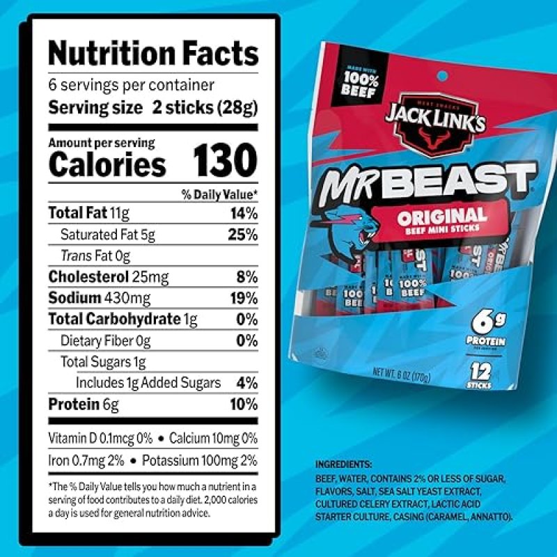JACK LINK S X MRBEAST ORIGINAL MINI BEEF STICKS, 12 COUNT, 5G PROTEIN, 100 REAL BEEF SNACKS