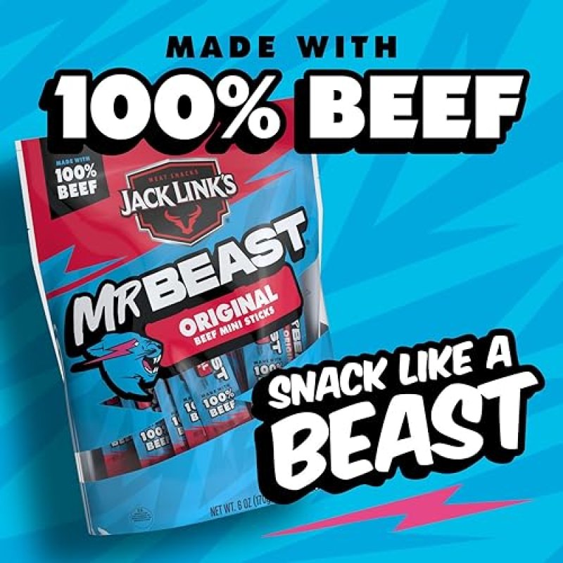 JACK LINK S X MRBEAST ORIGINAL MINI BEEF STICKS, 12 COUNT, 5G PROTEIN, 100 REAL BEEF SNACKS