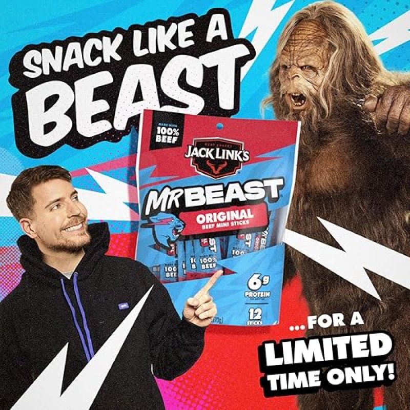 JACK LINK S X MRBEAST ORIGINAL MINI BEEF STICKS, 12 COUNT, 5G PROTEIN, 100 REAL BEEF SNACKS
