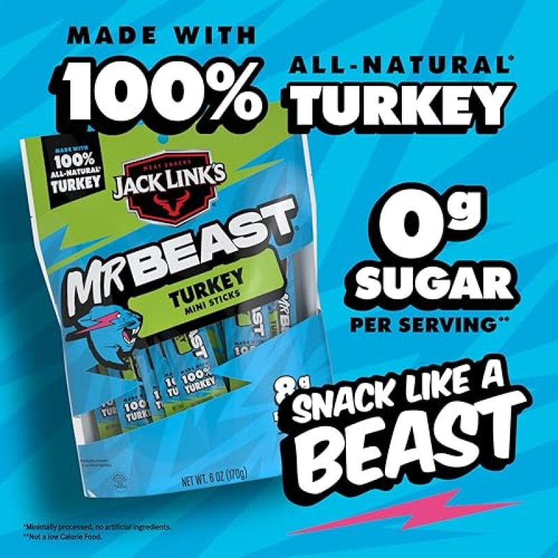 JACK LINK S X MRBEAST TURKEY MINI STICKS, 12 COUNT, 8G PROTEIN, 100 NATURAL, ZERO SUGAR SNACKS