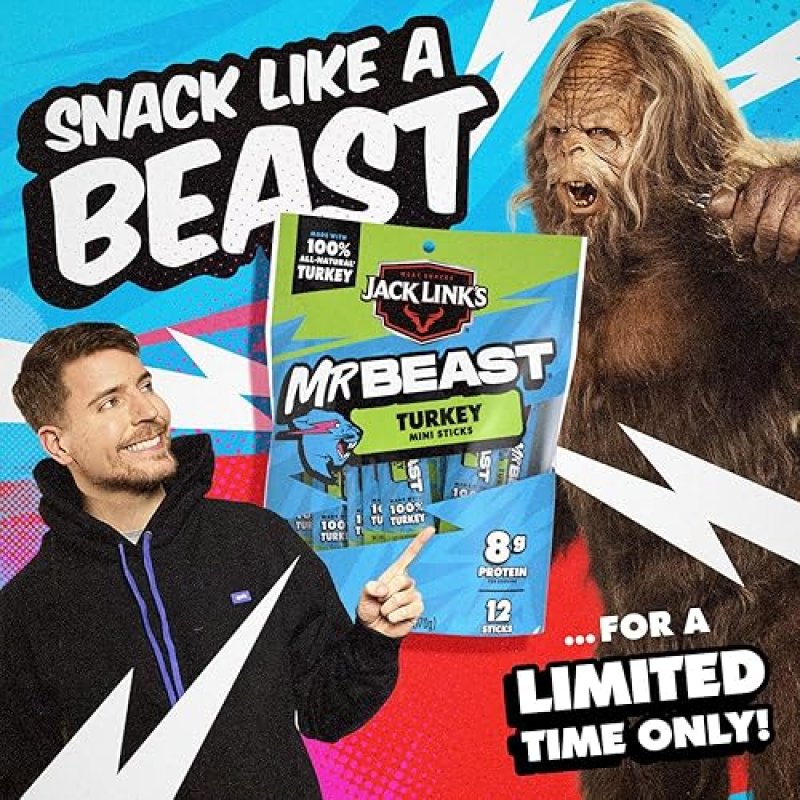 JACK LINK S X MRBEAST TURKEY MINI STICKS, 12 COUNT, 8G PROTEIN, 100 NATURAL, ZERO SUGAR SNACKS