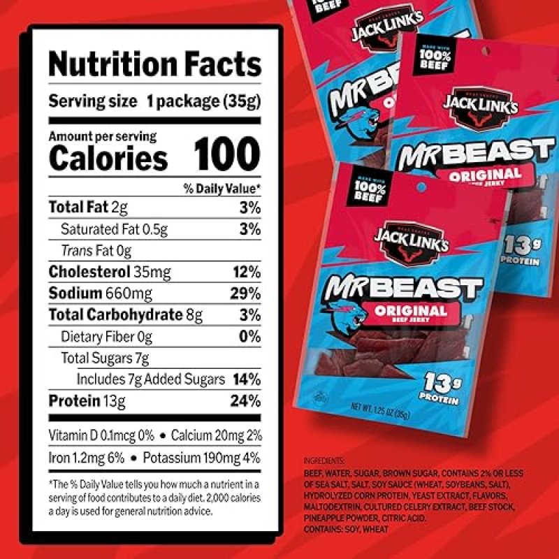 JACK LINKS X MRBEAST ORIGINAL BEEF JERKY 10 PACK - 1.25 OZ BAGS, 13G PROTEIN, REAL BEEF SNACKS