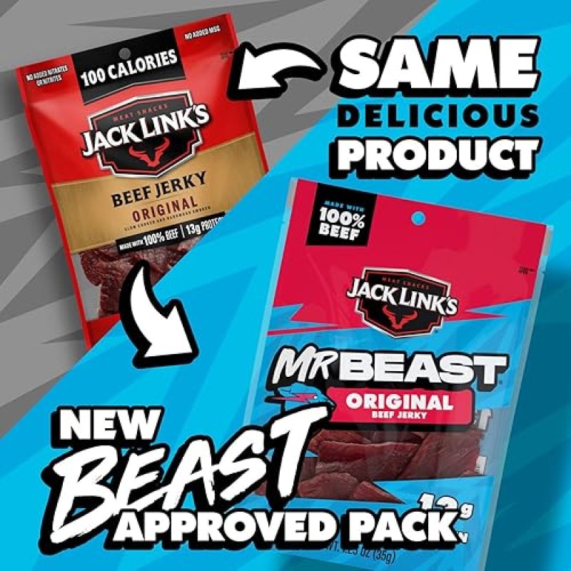 JACK LINKS X MRBEAST ORIGINAL BEEF JERKY 10 PACK - 1.25 OZ BAGS, 13G PROTEIN, REAL BEEF SNACKS