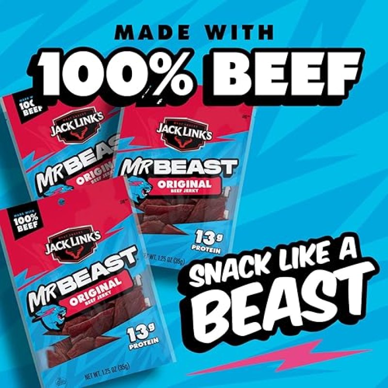JACK LINKS X MRBEAST ORIGINAL BEEF JERKY 10 PACK - 1.25 OZ BAGS, 13G PROTEIN, REAL BEEF SNACKS