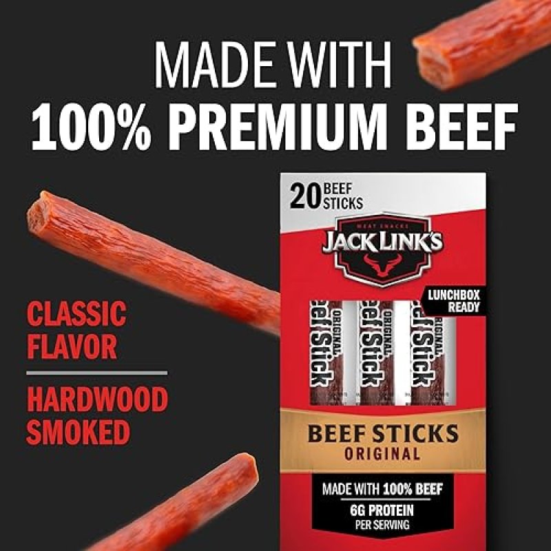 JACK LINKS ORIGINAL BEEF STICKS - 100 BEEF PROTEIN SNACK, KETO FRIENDLY, 20 COUNT 0.92OZ