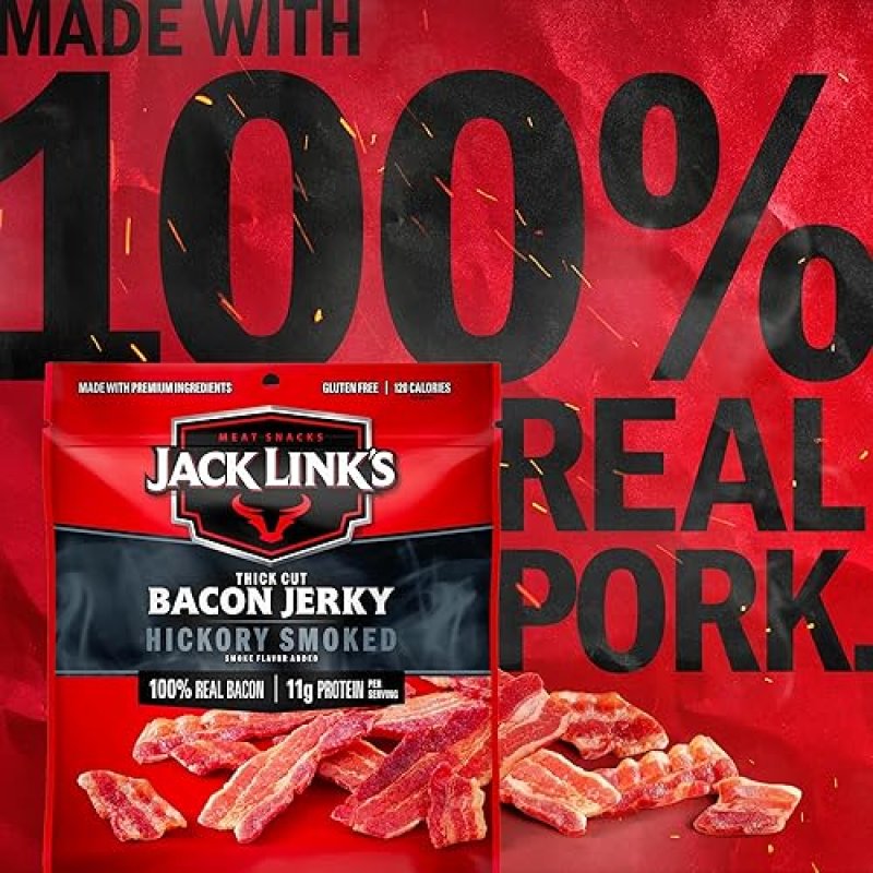 JACK LINKS HICKORY SMOKED BACON JERKY, 2.5 OZ - HIGH PROTEIN, KETO FRIENDLY MEAT SNACK