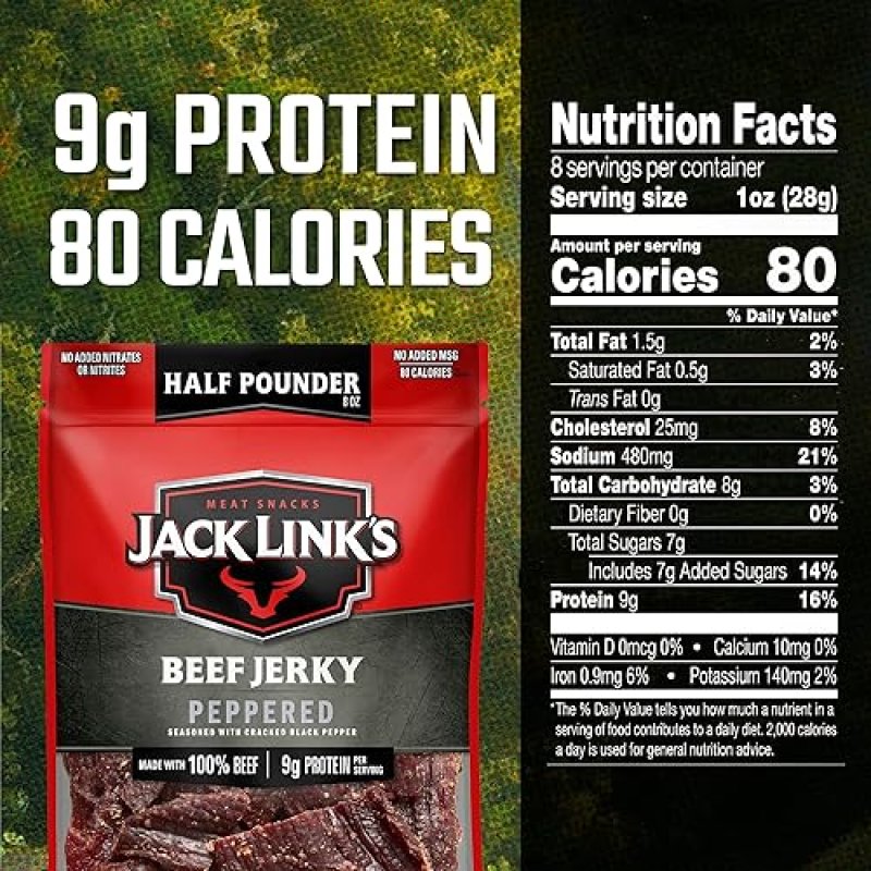 JACK LINKS PEPPERED BEEF JERKY 0.5 LB LARGE BAG HIGH PROTEIN MEAT SNACK, 9G PROTEIN SERVING