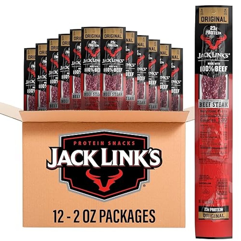 JACK LINKS ORIGINAL BEEF STEAK JERKY - 23G PROTEIN, 100 BEEF, KETO FRIENDLY, 12-PACK 2OZ