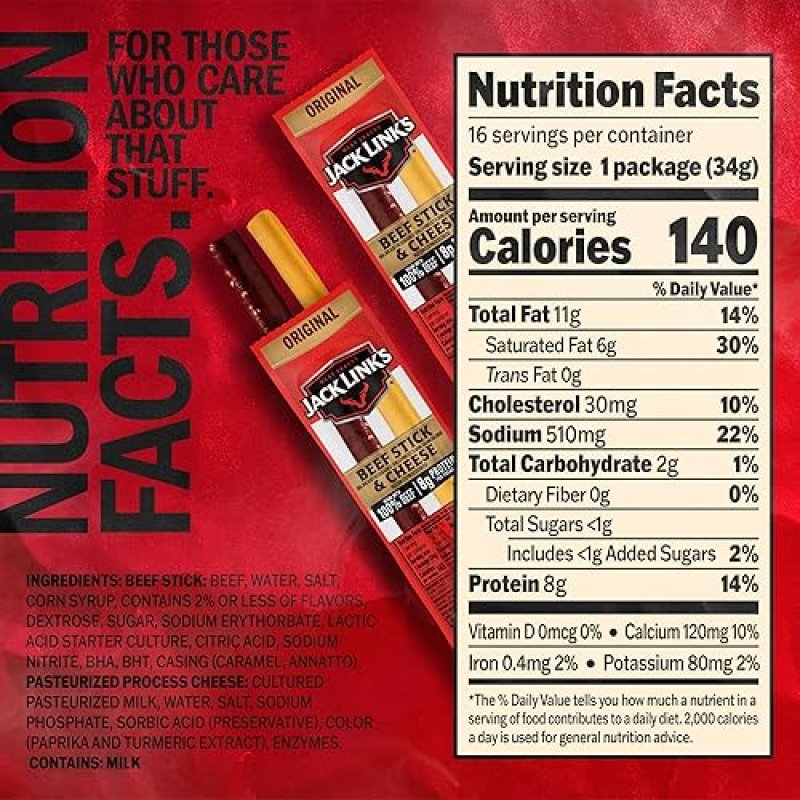 JACK LINKS ORIGINAL BEEF CHEESE SNACK PACK, 16 COUNT, 100 BEEF, REAL WISCONSIN CHEESE