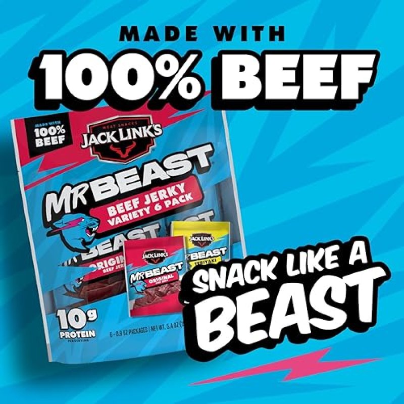 JACK LINKS X MRBEAST BEEF JERKY VARIETY PACK - ORIGINAL TERIYAKI, 6 COUNT, HIGH PROTEIN SNACKS