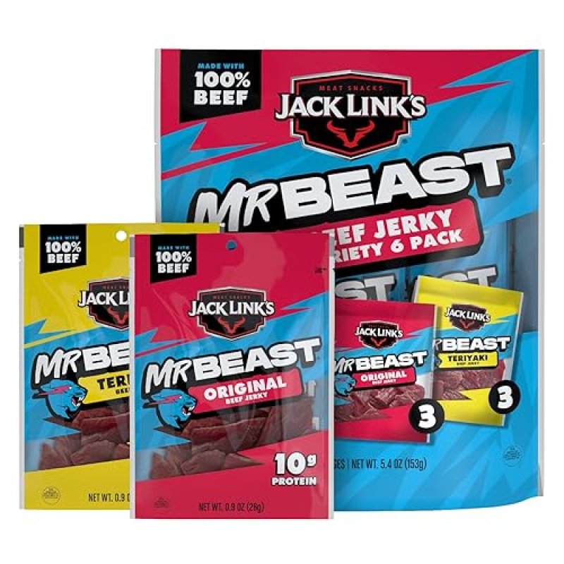 JACK LINKS X MRBEAST BEEF JERKY VARIETY PACK - ORIGINAL TERIYAKI, 6 COUNT, HIGH PROTEIN SNACKS