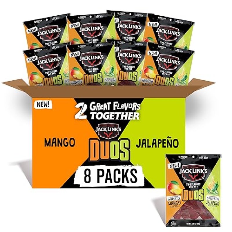 JACK LINKS DUOS JALAPEñO MANGO BEEF JERKY, 8 PACK, 3.25OZ SHAREABLE LOW-CAL PROTEIN SNACKS