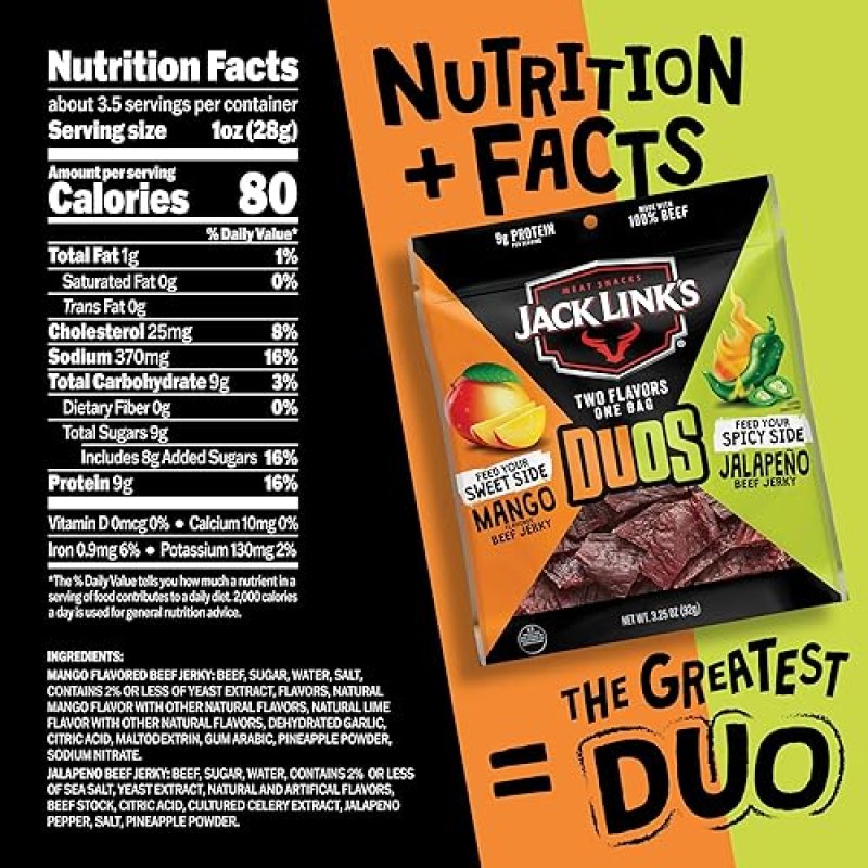 JACK LINKS DUOS JALAPEñO MANGO BEEF JERKY, 8 PACK, 3.25OZ SHAREABLE LOW-CAL PROTEIN SNACKS