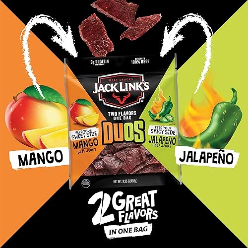 JACK LINKS DUOS JALAPEñO MANGO BEEF JERKY SNACK PACKS, 9G PROTEIN, 3.25OZ, 8 COUNT BULK