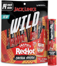 JACK LINKS WILD MINI CHICKEN STICKS WITH FRANKS REDHOT FLAVOR 7G PROTEIN, KETO SNACK, 14 PACK
