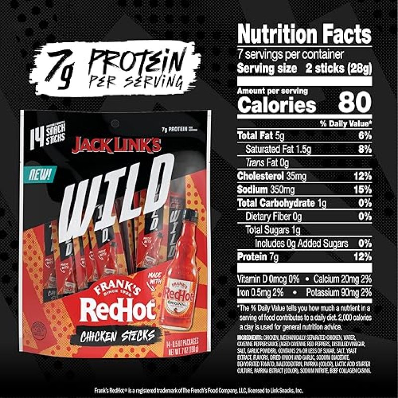 JACK LINKS WILD MINI CHICKEN STICKS WITH FRANKS REDHOT FLAVOR 7G PROTEIN, KETO SNACK, 14 PACK
