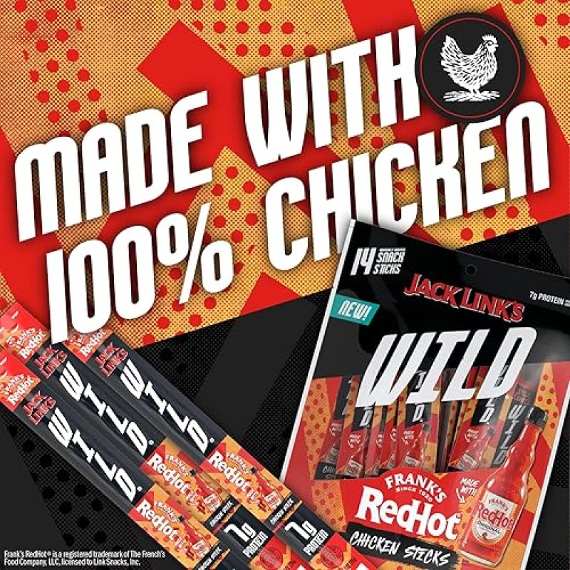 JACK LINKS WILD MINI CHICKEN STICKS WITH FRANKS REDHOT FLAVOR 7G PROTEIN, KETO SNACK, 14 PACK