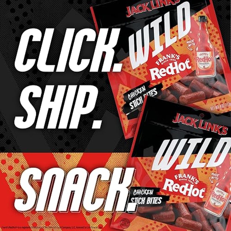 JACK LINKS WILD CHICKEN STICK BITES WITH FRANKS REDHOT FLAVOR, 8-PACK 4OZ MINI MEAT SNACKS