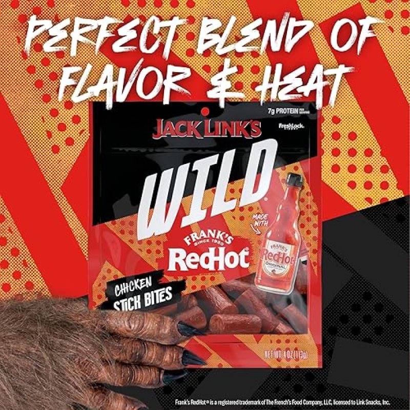 JACK LINKS WILD CHICKEN STICK BITES WITH FRANKS REDHOT FLAVOR, 8 PACK, 4OZ MINI MEAT STICKS