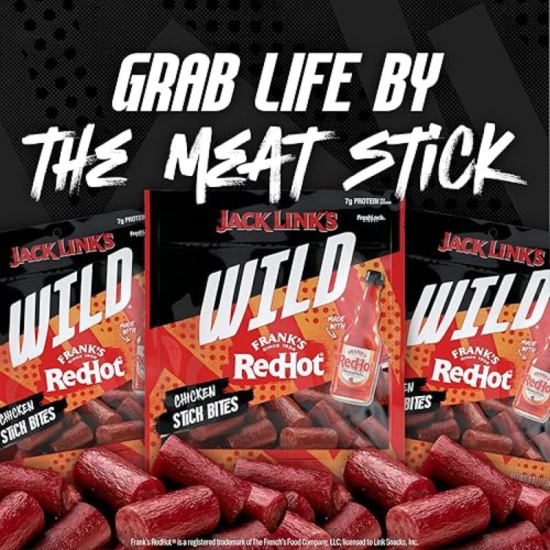 JACK LINKS WILD CHICKEN STICK BITES WITH FRANKS REDHOT FLAVOR, 8 PACK, 4OZ MINI MEAT STICKS