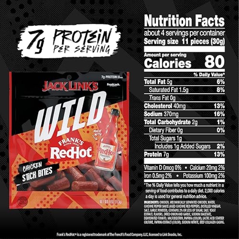 JACK LINKS WILD CHICKEN STICK BITES WITH FRANKS REDHOT FLAVOR, 8 PACK, 4OZ MINI MEAT STICKS