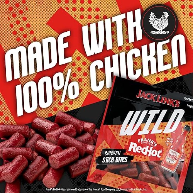 JACK LINKS WILD CHICKEN STICK BITES WITH FRANKS REDHOT FLAVOR, 8 PACK, 4OZ MINI MEAT STICKS
