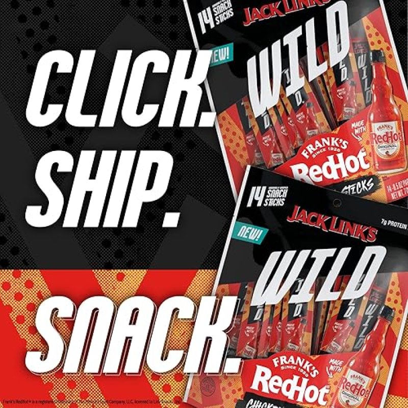 JACK LINKS WILD MINI CHICKEN STICKS WITH FRANKS REDHOT FLAVOR KETO, PALEO, 7G PROTEIN, 14 PACK