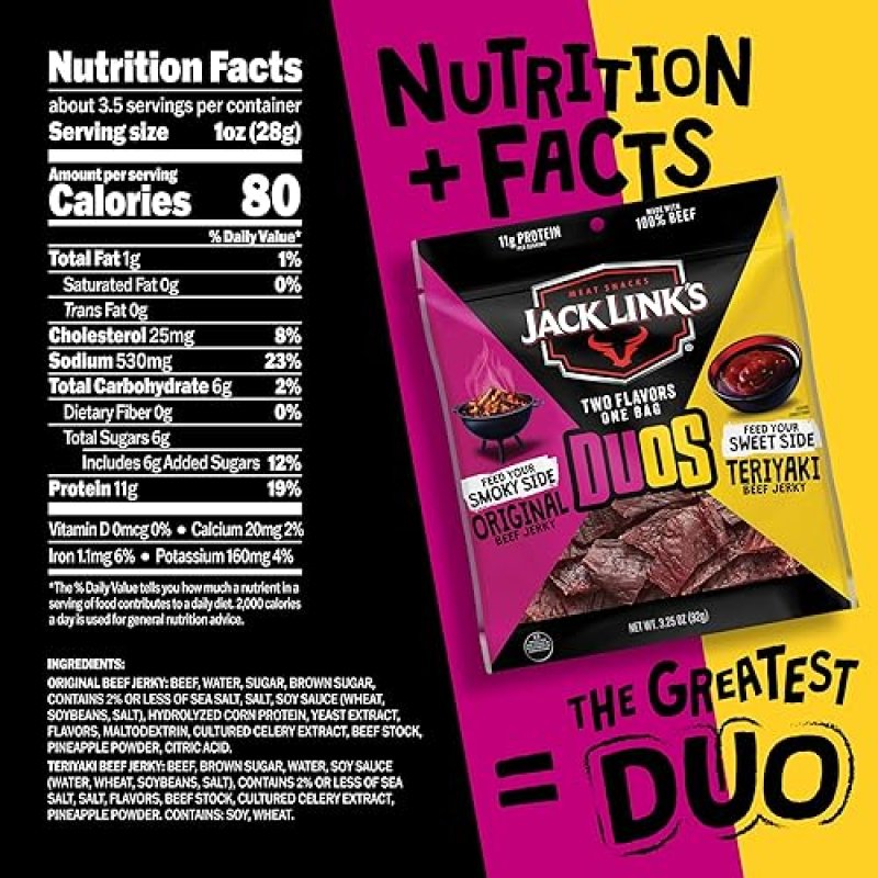 JACK LINKS DUOS ORIGINAL TERIYAKI BEEF JERKY SNACK PACKS, 4 COUNT, HIGH PROTEIN, UNDER 100 CALORIES