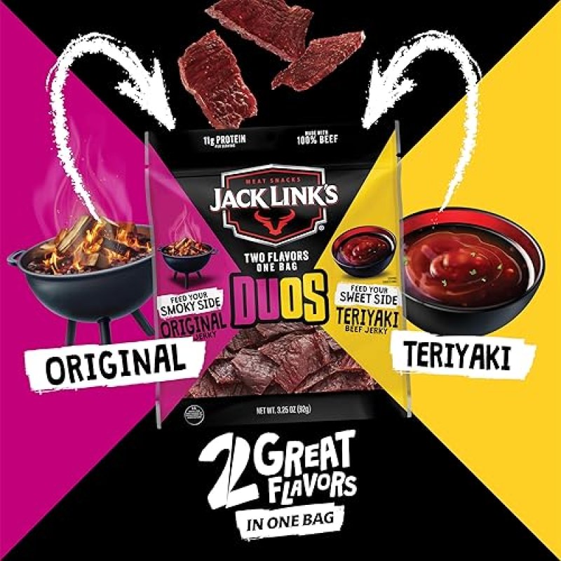 JACK LINKS DUOS ORIGINAL TERIYAKI BEEF JERKY SNACK PACKS, 4 COUNT, HIGH PROTEIN, UNDER 100 CALORIES