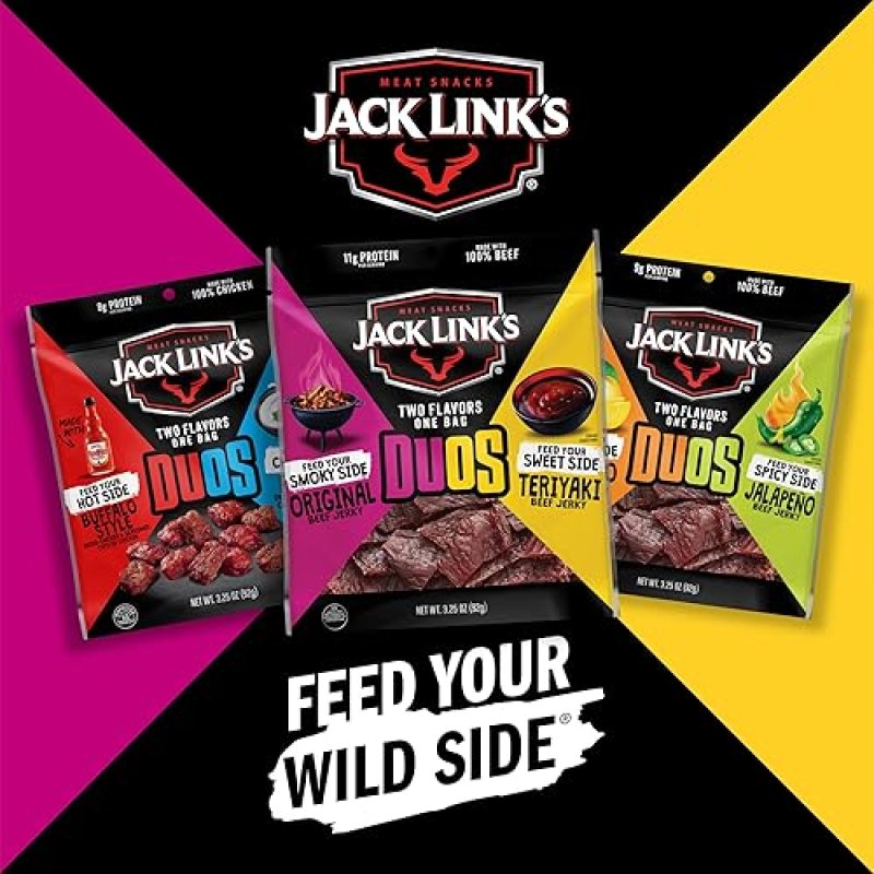 JACK LINKS DUOS ORIGINAL TERIYAKI BEEF JERKY SNACK PACKS, 4 COUNT, HIGH PROTEIN, UNDER 100 CALORIES