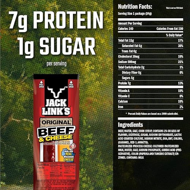 JACK LINK S ORIGINAL BEEF CHEESE COMBO PACK, 48 COUNT, 1.2 OZ, 7G PROTEIN, REAL WISCONSIN CHEESE