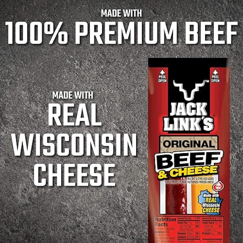 JACK LINK S ORIGINAL BEEF CHEESE COMBO PACK, 48 COUNT, 1.2 OZ, 7G PROTEIN, REAL WISCONSIN CHEESE