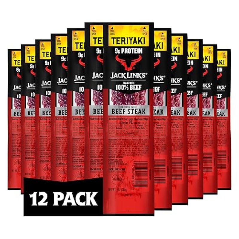 JACK LINKS TERIYAKI BEEF STEAK PROTEIN SNACKS - 9G PROTEIN, 100 BEEF, KETO FRIENDLY, 12 PACK